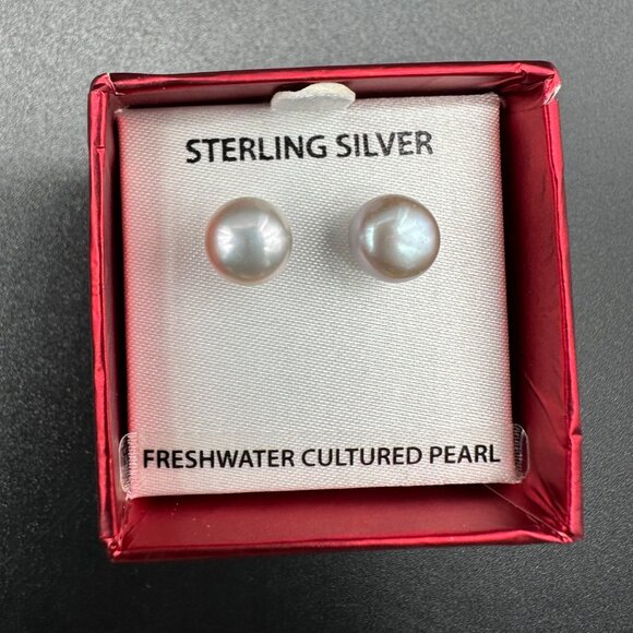Sterling Silver Pearl Earrings Freshwater Cultured Gift Box Jewelry 7.5mm - Picture 2 of 6